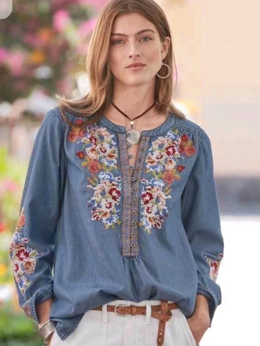 Sundance Kenza Floral Embroidered Tunic Blue Striped Cotton Denim Boho 1X D99 - Picture 9 of 9